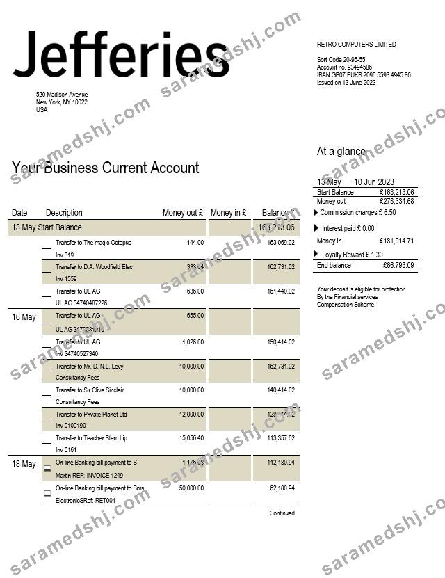 Jefferies Bank company checking account statement Word and PDF template